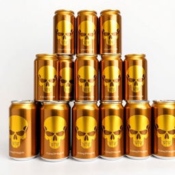 A pyramid of soda cans, each featuring a distinct gold skull silhouette design