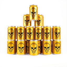 A pyramid of soda cans, each featuring a distinct gold skull silhouette design