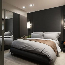 Design of a stylish and comfortable bedroom with modern decor, ambient lighting, sleek furniture, plush bedding, and personal touches that reflect personality and taste.