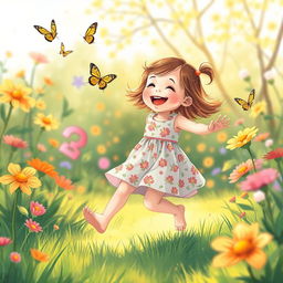 A vibrant, whimsical illustration of a young girl around 3 years old playing joyfully in a colorful garden filled with flowers, butterflies, and soft sunlight