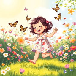 A vibrant, whimsical illustration of a young girl around 3 years old playing joyfully in a colorful garden filled with flowers, butterflies, and soft sunlight