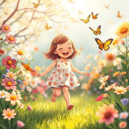 A vibrant, whimsical illustration of a young girl around 3 years old playing joyfully in a colorful garden filled with flowers, butterflies, and soft sunlight