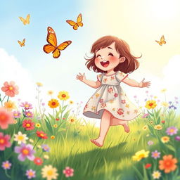 A vibrant, whimsical illustration of a young girl around 3 years old playing joyfully in a colorful garden filled with flowers, butterflies, and soft sunlight