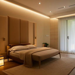 Design of a stylish and comfortable bedroom with modern decor, ambient lighting, sleek furniture, plush bedding, and personal touches that reflect personality and taste.