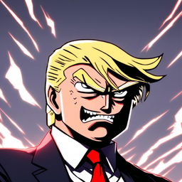 Anime-style villainous profile picture of Donald Trump in 'My Hero Academia' style with exaggerated features, dark suit, red tie and stormy background.