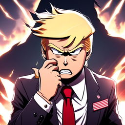 Anime-style villainous profile picture of Donald Trump in 'My Hero Academia' style with exaggerated features, dark suit, red tie and stormy background.