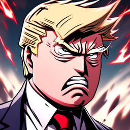 Anime-style villainous profile picture of Donald Trump in 'My Hero Academia' style with exaggerated features, dark suit, red tie and stormy background.