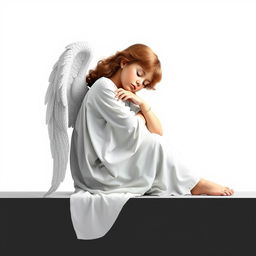 An angel peacefully sleeping in a sitting position, with her upper body gently resting on a table