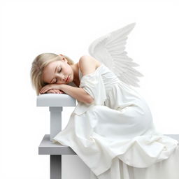 An angel peacefully sleeping in a sitting position, with her upper body gently resting on a table