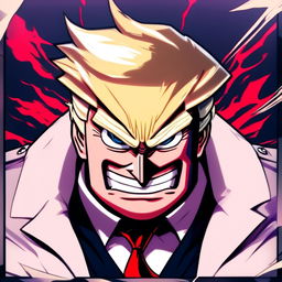 Anime-style villainous profile picture of Donald Trump in 'My Hero Academia' style with exaggerated features, dark suit, red tie and stormy background.