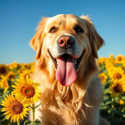 A close-up portrait of a happy golden retriever with a shiny, soft coat, sitting in a field of sunflowers under a clear blue sky