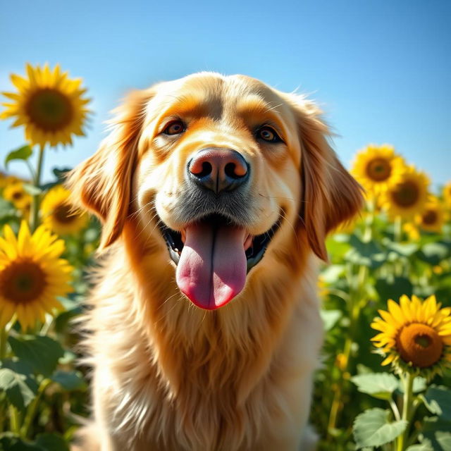 A close-up portrait of a happy golden retriever with a shiny, soft coat, sitting in a field of sunflowers under a clear blue sky