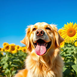 A close-up portrait of a happy golden retriever with a shiny, soft coat, sitting in a field of sunflowers under a clear blue sky