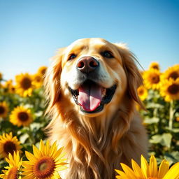 A close-up portrait of a happy golden retriever with a shiny, soft coat, sitting in a field of sunflowers under a clear blue sky