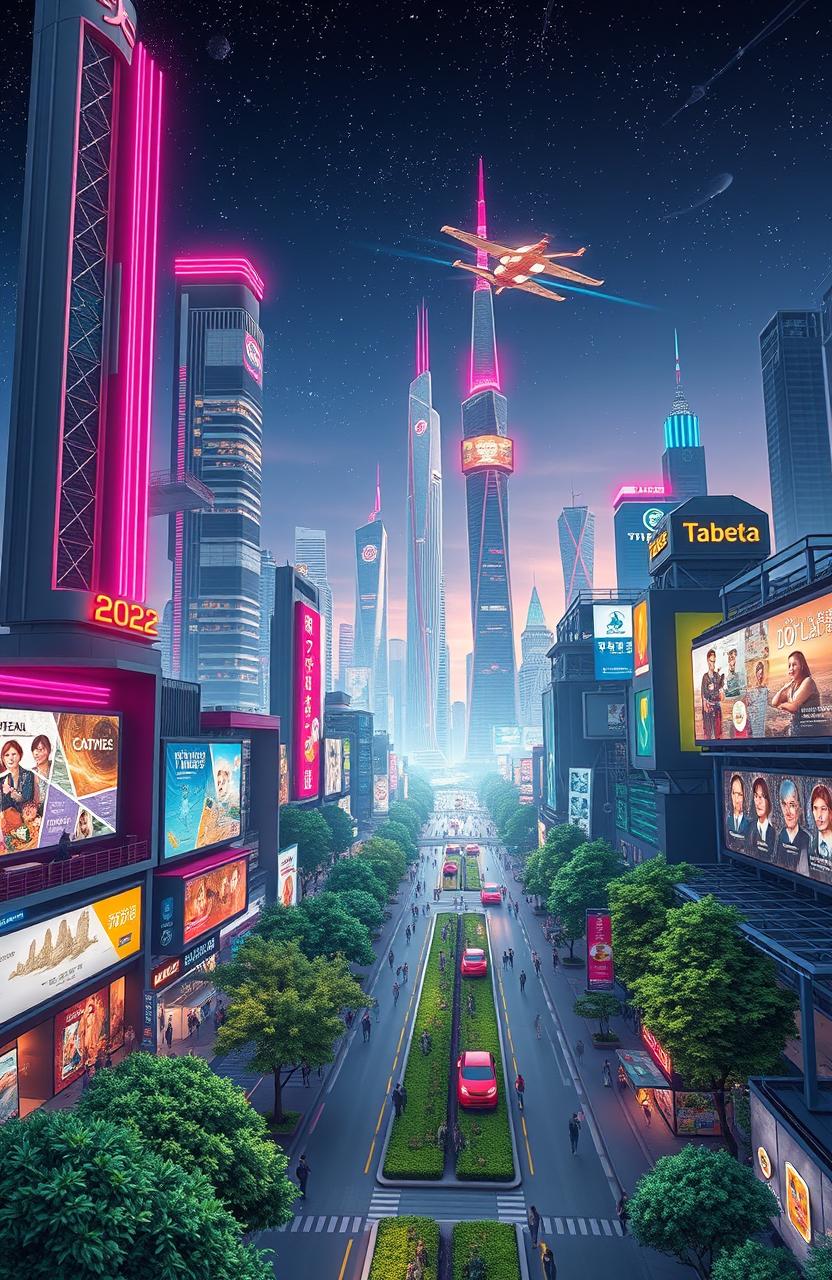 a futuristic cityscape of "Tabeta 2022" showcasing towering skyscrapers with neon lights, flying cars zipping through the sky, people walking in vibrant streets filled with digital billboards, lush greenery integrated into urban spaces, all under a starry night sky