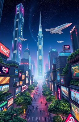 a futuristic cityscape of "Tabeta 2022" showcasing towering skyscrapers with neon lights, flying cars zipping through the sky, people walking in vibrant streets filled with digital billboards, lush greenery integrated into urban spaces, all under a starry night sky