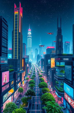 a futuristic cityscape of "Tabeta 2022" showcasing towering skyscrapers with neon lights, flying cars zipping through the sky, people walking in vibrant streets filled with digital billboards, lush greenery integrated into urban spaces, all under a starry night sky