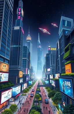 a futuristic cityscape of "Tabeta 2022" showcasing towering skyscrapers with neon lights, flying cars zipping through the sky, people walking in vibrant streets filled with digital billboards, lush greenery integrated into urban spaces, all under a starry night sky