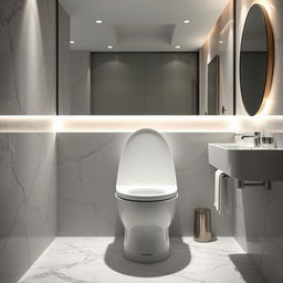 a shiny, modern toilet with sleek curves and minimalist design, set in a high-end bathroom with marble tiles, ambient lighting, and a large mirror reflecting the elegant space