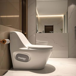 a shiny, modern toilet with sleek curves and minimalist design, set in a high-end bathroom with marble tiles, ambient lighting, and a large mirror reflecting the elegant space