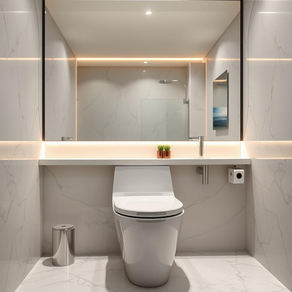 a shiny, modern toilet with sleek curves and minimalist design, set in a high-end bathroom with marble tiles, ambient lighting, and a large mirror reflecting the elegant space