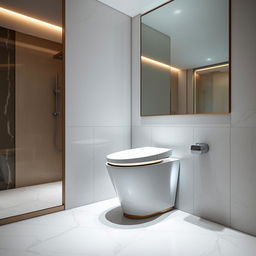 a shiny, modern toilet with sleek curves and minimalist design, set in a high-end bathroom with marble tiles, ambient lighting, and a large mirror reflecting the elegant space