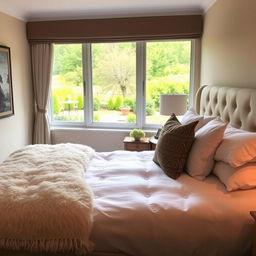 a cozy, inviting bed with plush pillows, a thick, soft comforter, and a stylish headboard, set in a warmly decorated bedroom with soft lighting, a small bedside table with a lamp, and a window showing a view of a serene garden