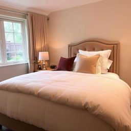 a cozy, inviting bed with plush pillows, a thick, soft comforter, and a stylish headboard, set in a warmly decorated bedroom with soft lighting, a small bedside table with a lamp, and a window showing a view of a serene garden