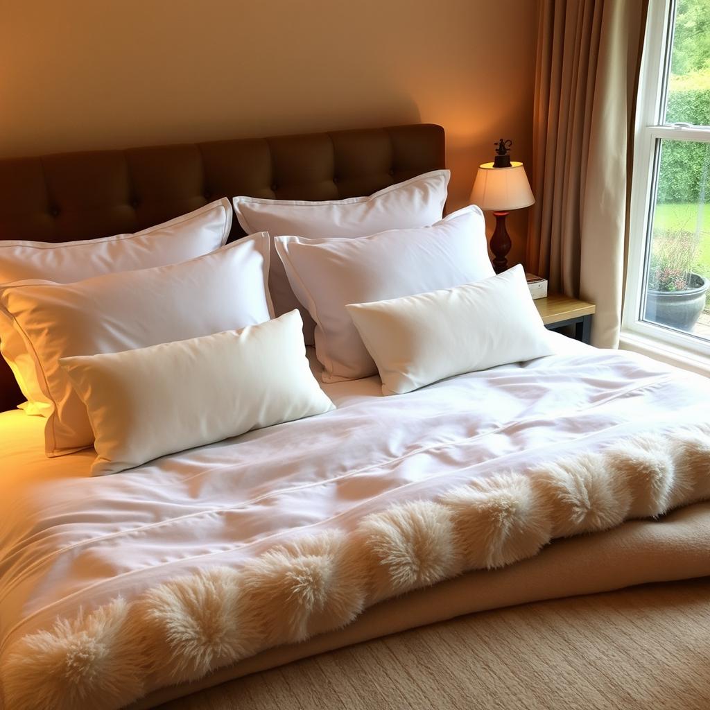 a cozy, inviting bed with plush pillows, a thick, soft comforter, and a stylish headboard, set in a warmly decorated bedroom with soft lighting, a small bedside table with a lamp, and a window showing a view of a serene garden