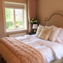 a cozy, inviting bed with plush pillows, a thick, soft comforter, and a stylish headboard, set in a warmly decorated bedroom with soft lighting, a small bedside table with a lamp, and a window showing a view of a serene garden