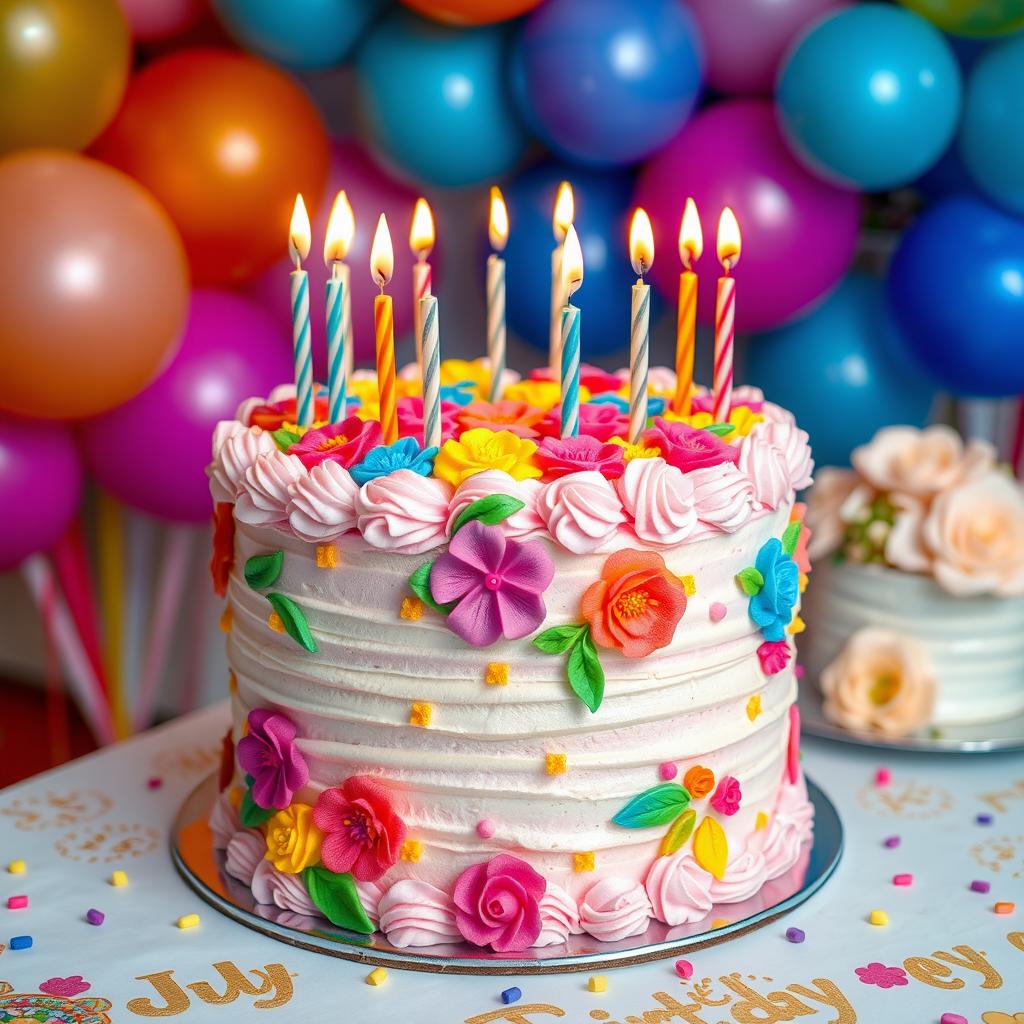 a beautifully decorated birthday cake with layers of rich frosting and intricate sugar flowers, surrounded by colorful candles, set on an elegant party table with joyful decorations and a backdrop of celebratory balloons