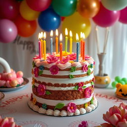 a beautifully decorated birthday cake with layers of rich frosting and intricate sugar flowers, surrounded by colorful candles, set on an elegant party table with joyful decorations and a backdrop of celebratory balloons