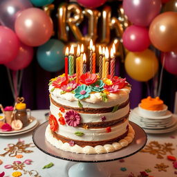 a beautifully decorated birthday cake with layers of rich frosting and intricate sugar flowers, surrounded by colorful candles, set on an elegant party table with joyful decorations and a backdrop of celebratory balloons