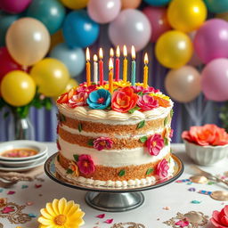 a beautifully decorated birthday cake with layers of rich frosting and intricate sugar flowers, surrounded by colorful candles, set on an elegant party table with joyful decorations and a backdrop of celebratory balloons