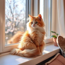 A cute, fluffy cat sitting on a windowsill, basking in the warm glow of the afternoon sun