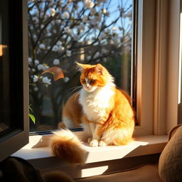 A cute, fluffy cat sitting on a windowsill, basking in the warm glow of the afternoon sun