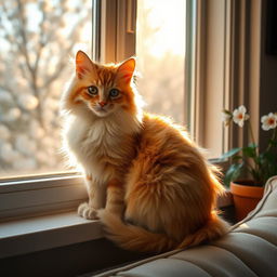 A cute, fluffy cat sitting on a windowsill, basking in the warm glow of the afternoon sun