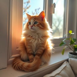 A cute, fluffy cat sitting on a windowsill, basking in the warm glow of the afternoon sun