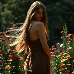 A tasteful representation of a beautiful woman standing in a serene setting, with flowing hair cascading down her back