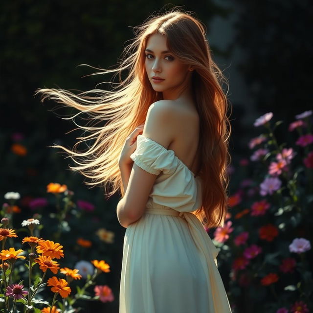 A tasteful representation of a beautiful woman standing in a serene setting, with flowing hair cascading down her back