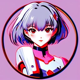 Retro anime profile of Rei Ayanami from 'Neon Genesis Evangelion', glitching with a cool metallic circle border.