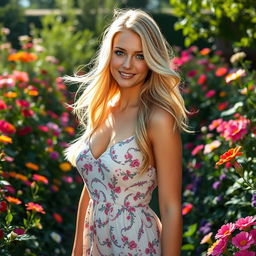 A beautiful blonde woman with flowing hair, sparkling blue eyes, and an enchanting smile, standing in a lush garden filled with colorful flowers