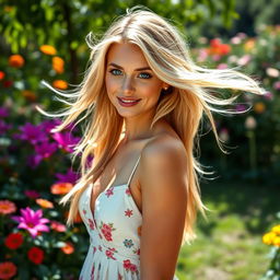 A beautiful blonde woman with flowing hair, sparkling blue eyes, and an enchanting smile, standing in a lush garden filled with colorful flowers