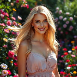 A beautiful blonde woman with flowing hair, sparkling blue eyes, and an enchanting smile, standing in a lush garden filled with colorful flowers