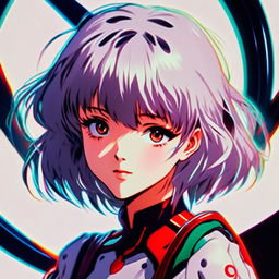 Retro anime profile of Rei Ayanami from 'Neon Genesis Evangelion', glitching with a cool metallic circle border.