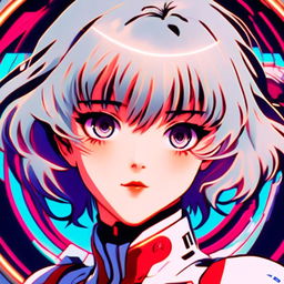 Retro anime profile of Rei Ayanami from 'Neon Genesis Evangelion', glitching with a cool metallic circle border.