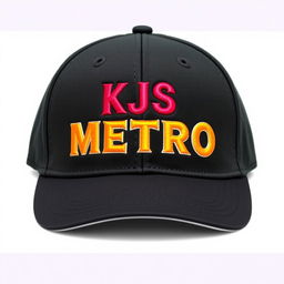 A stylish baseball cap featuring an embroidered design that reads 'KJS METRO' on the front