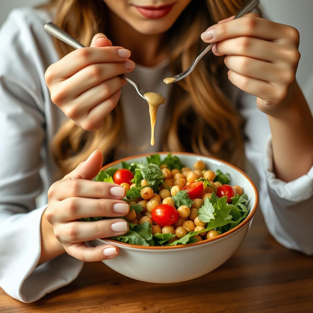 A woman elegantly eating a chickpea salad, focusing on her hands and the bowl