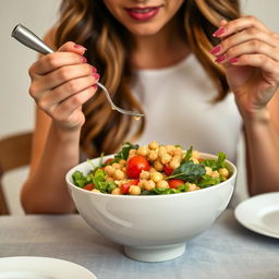 A woman elegantly eating a chickpea salad, focusing on her hands and the bowl