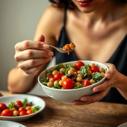 A woman elegantly eating a chickpea salad, focusing on her hands and the bowl